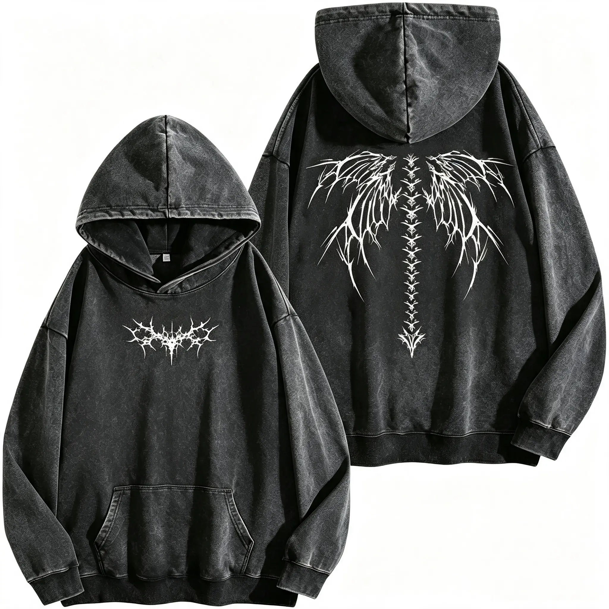Vintage Wash Skeleton Wing Graphic Hoodie Gothic Thorn Skeleton Oversized Unisex Pullover Streetwear Hooded Sweatshirt