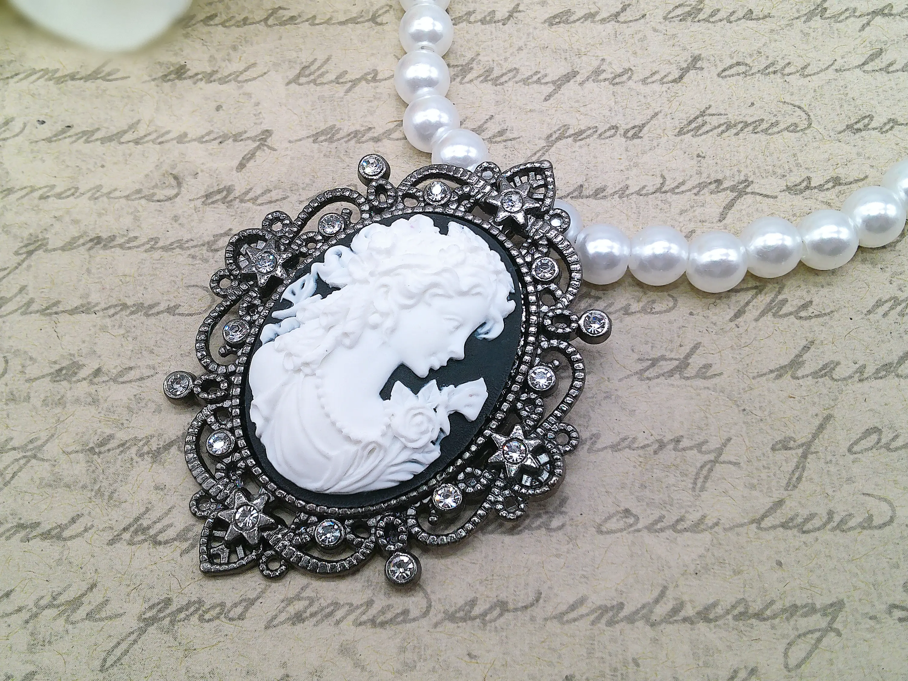Victorian Gothic Cameo and Pearl Necklace