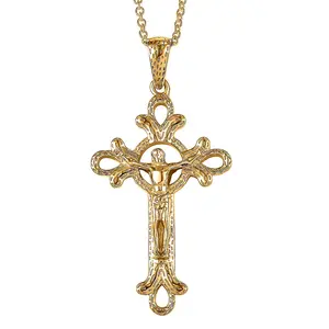 Cross Pendant in 18K Yellow Gold Plated Bronze with ION Plated Yellow Gold Stainless Steel Necklace 20 Inches
