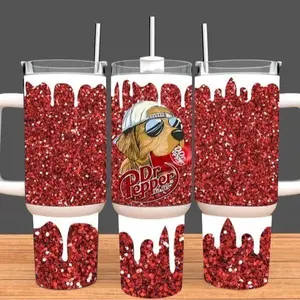 Funny Dr Pepper Tumbler With Handle Straw 40oz Stainless Steel, Funny Dog Meme Cup Red Soda Aesthetic With Glitter Drip Design, Cute Yet Bold Gift Idea, Must-have For Meme Lovers & Aesthetic Fans , Dr.Pepper Lovers Mug Gift Handcrafted Soda