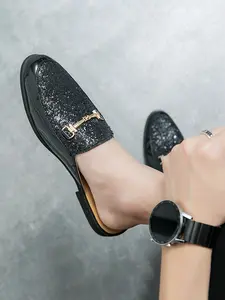 New Men's Sequined Glitter Mules Half Slippers, Shiny Patchwork Sparkle Shoe Face, Metal Buckle Decoration, Low Heel Anti-Slip Sole, Footwear