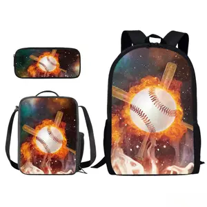 Flame Baseball and Bat Galaxy Print Backpack Set (3 Pieces): Lightweight Teen Backpack + Lunch Bag + Pencil Case - Back-to-School Gift