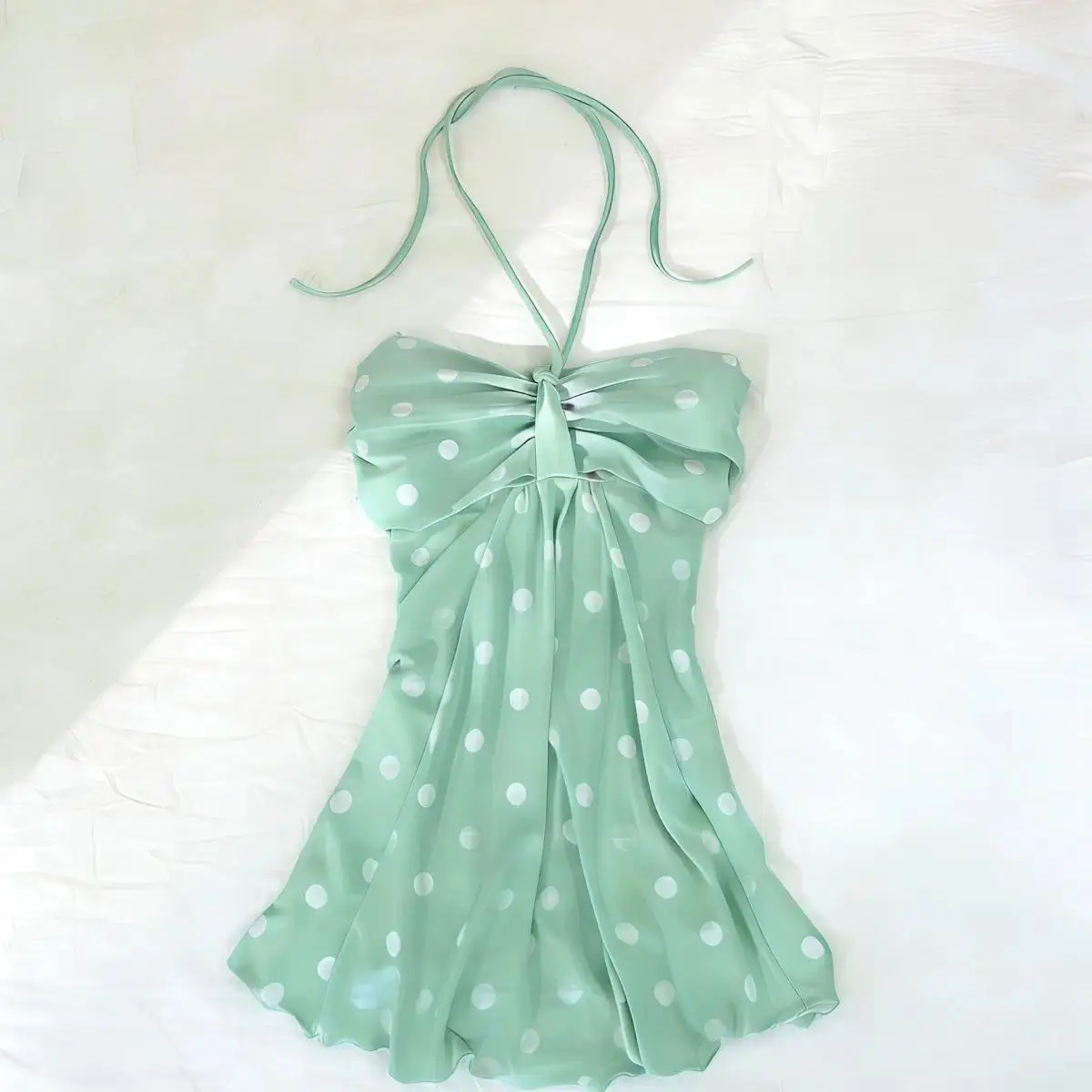 Retro mint green polka dot pleated plunging halter-neck top strap Retro style Y2K sweet spicy summer beach halter-back top emo - TikTok Shop Retro mint green polka dot pleated plunging halter-neck top strap Retro style Y2K sweet spicy summer beach halter-back top emo - TikTok Shop