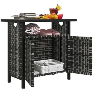 Outdoor Pool Towel Storage Cabinet Organizer, Outdoor Bar Table with Shelf and Cabinet, Pool Towel Holder Pool Valet with Weather-Resistant PE Rattan and Steel Frame, Mixed-Gray