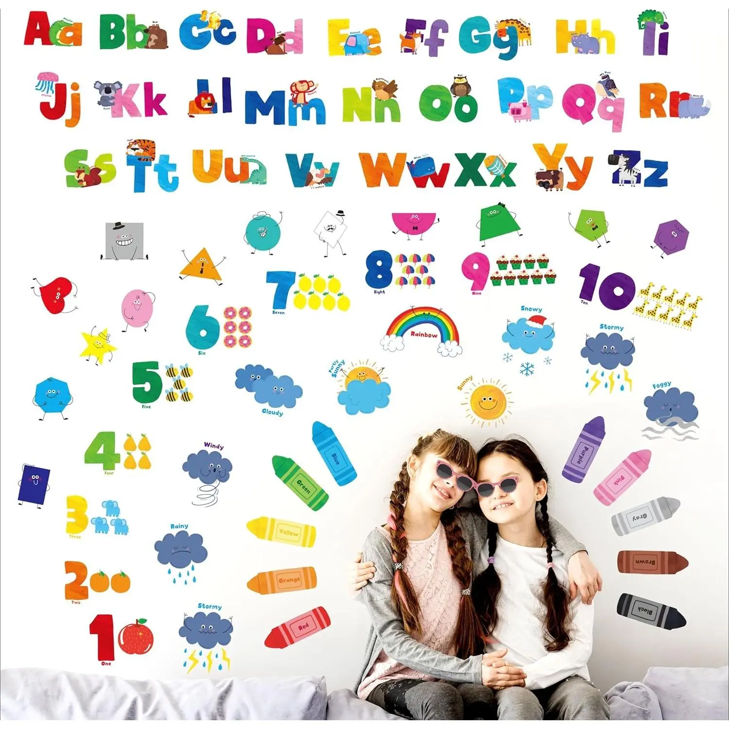 X-WPA02 68 PCS Colorful Self-Adhesive Vinyl English Letters & Number Wall Decals - Decorative Animal, Shape Stickers for Kids' Learning, Casual Bedroom Wall Decor