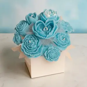 Blue Serenity Candle Bouquet - Elegant Blue Roses in Gift Box for Home Decor and Aromatherapy