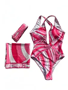 [Summervibes] Deep V One Piece Swimsuit 3 Piece Set withScarf and Headband, XS-XL Floral Swimwear, Adjustable Straps,Flattering Fit, Soft Fabric, Beach Pool Vacation Outfit