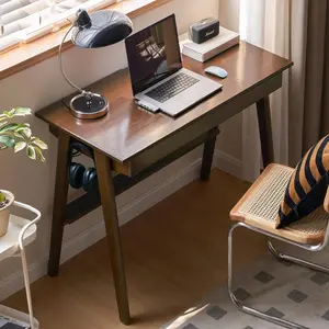 YESWOOD 100% Solid Rubber Wood Desk, Mid Century Modern Writing Computer Desk in Walnut Finish with Drawer for Home Office, Study Room, Bedroom
