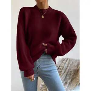 Women's Burgundy Crew Neck Solid Color Casual Pullover Knitted Sweater Long Sleeve Tops for Fall Winter Outfit Regular Fit Daily Wear