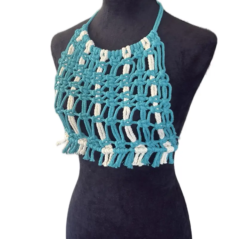 Handcrafted Macrame Crop Top with Fringes - Adjustable Fit - Peacock Blue & White - Cotton Material - Casual & Elegant Women's Wear - Versatile Beach & Night Out Dress