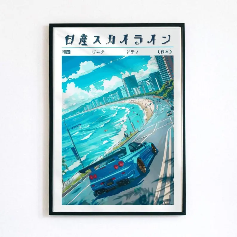 Nissan Skyline R34 GTR Poster, JDM Anime Wall Art, Car Lover Gift, Gaming Room Decor, Japanese Car Print