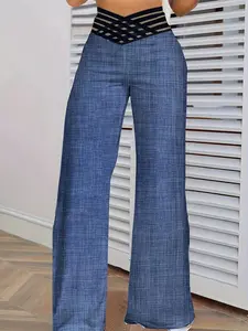 Cross Waist Wide Leg Pants, Casual Loose Mesh Stitching Pants, Women's Clothing