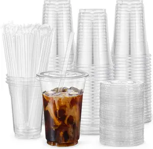 [100 Sets - 16oz] Clear Plastic Cups with Lids and Straws, Disposable Iced Coffee Cups for Smoothie, Milkshake, Cold Drinks - BPA free