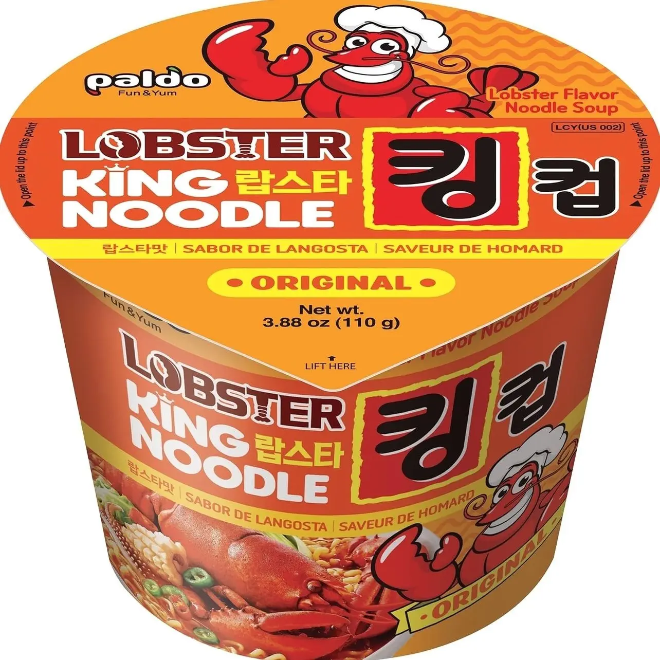 Paldo Fun & Yum Lobster Instant Big Cup Noodles with Soup, Lobster Seafood Flavor Based Broth, Best Oriental Style, Original Korean King Cup Ramyun 110g 3.88 oz (Pack of 6)