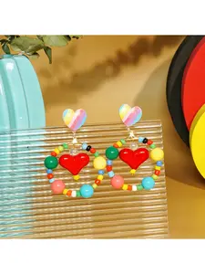 Fun & Playful Anti-Circus Colorful Beaded Heart Circle Earrings, Exaggerated Rainbow Hoop Earrings for Women
