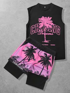 Two-Piece Set Men's Tropical Coconut Tree Print Tank Top & Shorts Set, Regular Fit Casual Letter Graphic Sleeveless Top & Shorts, Summer Clothes Set for Men