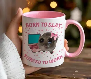 [Sale Up To 50%] Born to Slay Forced to Work Mug, Funny Sad Hamster Tiktok Viral Meme, Just a Girl Gift for Her, Funny Work Gift, Coworker Mug, Pink Gifts, 11oz ceramic accent mug