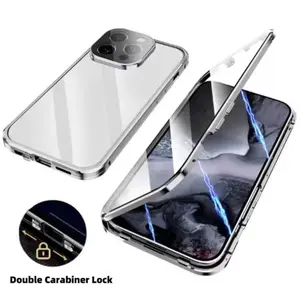 Metal Magnetic Double Sided Glass Case For iPhone 16 Pro 15 17 14 13Mini 12 11 Pro Max Plus 16E With Lens Protection Double Lock