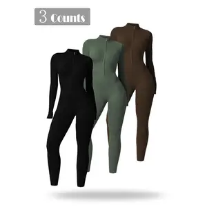Sporty Women's Solid Color Half Zip Mock Neck Sports Jumpsuit, Casual Comfy Breathable Long Sleeve Zipper Skinny for Yoga Gym Workout, Loungewear, Classy, Fashion, Commuter Style, Career Wear, Chic, Daily Wear