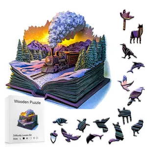 5A mys aurora wooden puzzle Difficulty Book-Bound Winter Steam Train Wooden Puzzle Exquisite Snow Mountain & Locomotive Design Brain-Boosting Fun for Kids & Adults Parent-Child Interactive Toy Ideal Festival Birthday Gift Artistic Home Decor