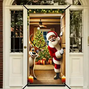 Santa Door Frame Decorative Banner, Merry Christmas and Happy New Year Polyester Decoration, Indoor/outdoor Holiday Party Supplies, 70x35 Inches