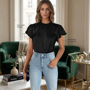 Women's Elegant Business Casual Blouse - Short Sleeve Ruffle Satin Tops Perfect for Office Work Attire Summer 2026 Dressy Professional Wear Comfortable Breathable Lightweight Fashion Style Ladies Clothing