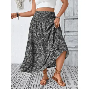 Large woven printed Midi skirt - smoked waist, side pockets (casual/work)RAIMENTRY