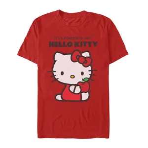 Juniors Womens Hello Kitty Wonderful Day Apple and Bow Chenille Print T Shirt - Multi-Color - X Large