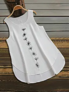 Plus Size Women's Front Print Round Neck Sleeveless Asymmetrical Fitted Vest, Casual Comfortable Top for Daily Commuting Wear, Tank Tops
