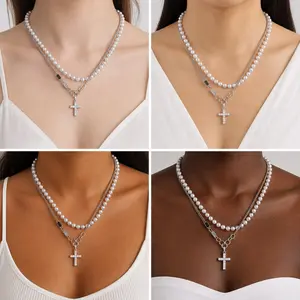Multi Layer Faux Pearl Necklace with Cross Pendant for Women, Silver Tone Chain Choker Statement Necklace, Trendy Vintage Fashion Jewelry Gift