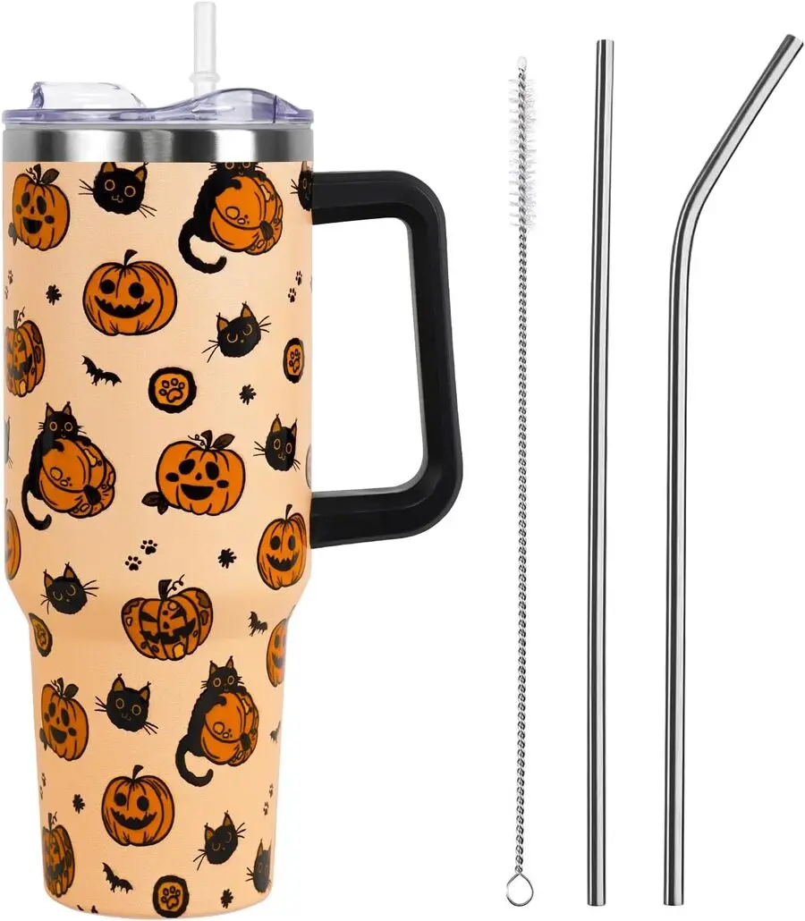 40oz Reusable Stainless Steel Halloween Water Bottle Tumbler - Double-Wall Vacuum Insulated, Leakproof, Portable, Black Cat Pumpkin Bat Design, with Lid & Straw, Goth Cute Spooky Holiday Gift for Women, Fall Kitchenware Drinkware, Insulation, Water Bottle