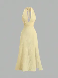 JADEE Sexy Halter Deep V Neck Backless Fitted Slit Solid Color Dress