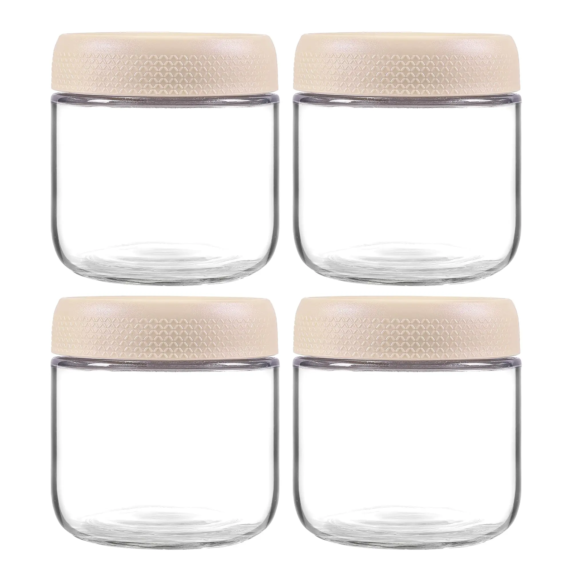 4 Pack Glass Clear Storage Canister With Airtight Lid  12oz Overnight Oats Containers Small Cute Decorative Pantry Jar For Snacks Yogurt Cereal Fruit Salad Spice Sugar Coffee - Beige