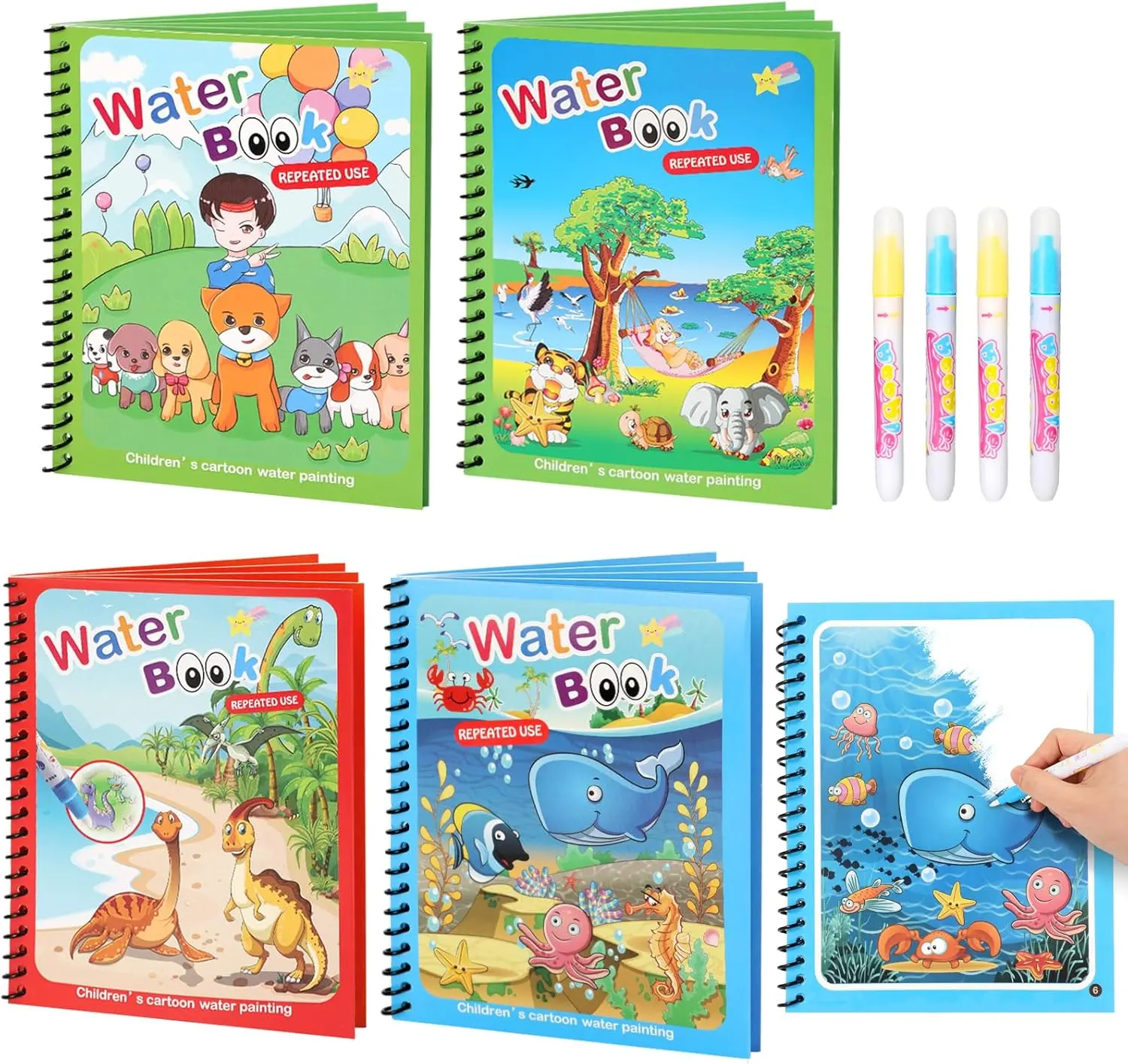 4 Pack Reusable Water Coloring Book for Toddlers, Doodle Paint with Water, Mess-Free Coloring Book, Portable Educational Drawing Toy Gifts, Magic Water Painting Book with Pen, Christmas Gifts For Grandkids, Travel Toys for Kids, Suitable for 3-6 Years Old