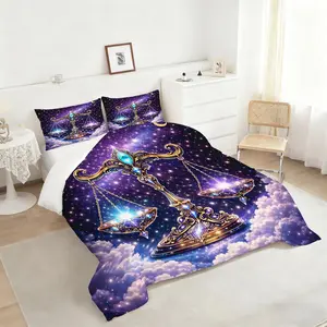 2/3Pcs Celestial Libra Zodiac Comforter Set, Ornate Balance Scale Bedding Set, Dreamy Cosmic Night Sky Decor, Gold Filigree Design with Blue & Purple Gemstones, Perfect for Bedroom Ambience and Astrology Lovers. 1 or 2 Pillowcase No Pillow Core