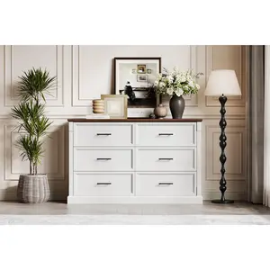 Garvee Farmhouse 6 Drawer Dresser with Deep Drawers and Bar Handles, Large Modern Rustic Wood Chest of Drawers for Bedroom, Living Room, and Hallway in Black Finish