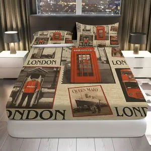3Pcs London British Vintage Fitted Sheet Three Piece Set (1*Fitted Sheet+2*Pillowcases, Coreless), Travel theme, Retro London Bedding Set, Mattress protector Soft, Breathable