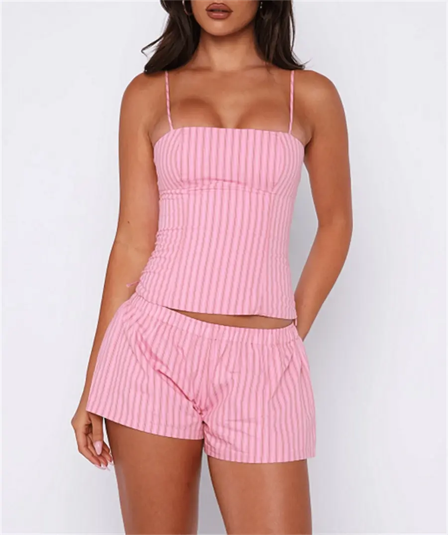 MAGNIFI Women Striped Lounge Set Tie Back Sleeveless Slim Fitted  Cami Top Min Boxer Short 2 Piece Pajama Outfit Y2k Going Out Outfits Party Streetwear