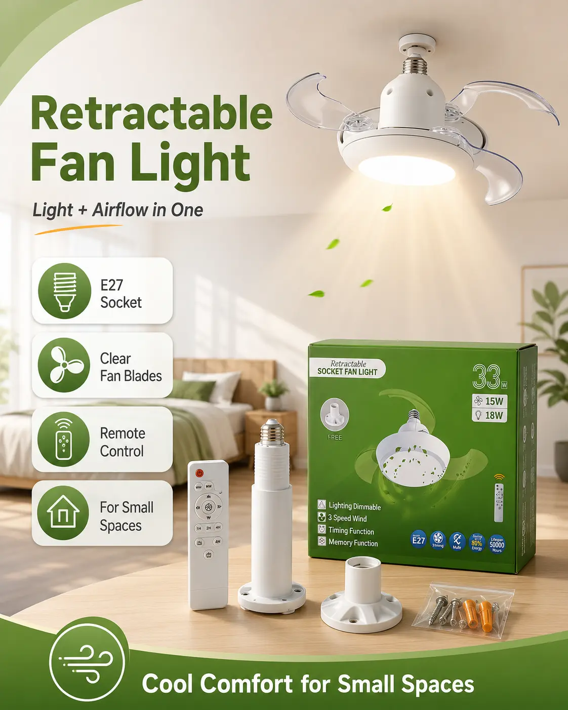 33W Retractable Socket Fan Light, E27 Ceiling Fan Light Bulb with Remote, 3 Speeds, Dimmable LED, Timer, Memory, Clear Blades & Mounting Base