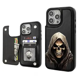 Edgy Skull Design Aesthetics Pattern Phone Cases Compatible For With iphone 16 15 14 13 12 PRO PLUS MAX PU Black Durable Flip High quality Leather Credit Card Bag Holder Mother Gift Wallet Shockproof Anti-Drop Full Protection Phone Cases Shell Cover