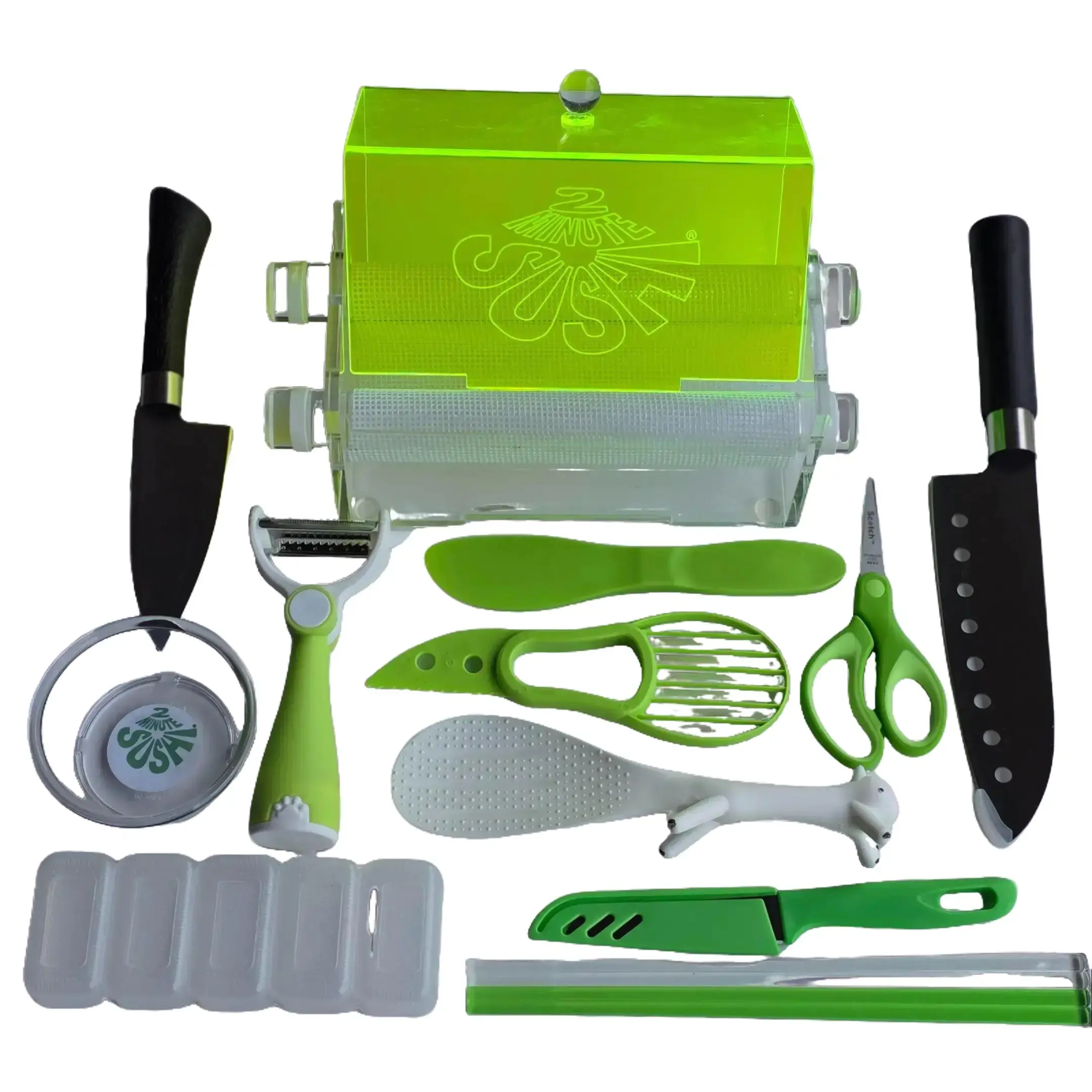 2 Minute Sushi 16Pc. Sushi Making Kit with Sushi Roller Machine, Avocado-Friendly Tools, Knives, Dishes, Chopsticks & Accessories - Compact Kitchen Utensils Set for Beginner DIY Home Use, Parties