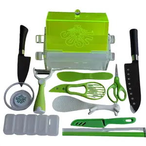 14-Pc Sushi Making Kit with Automatic Roller Machine, Avocado-Friendly Tools, Knives, Dishes, Chopsticks & Accessories - Compact Kitchen Utensils Set for Beginner DIY Home Use, Parties