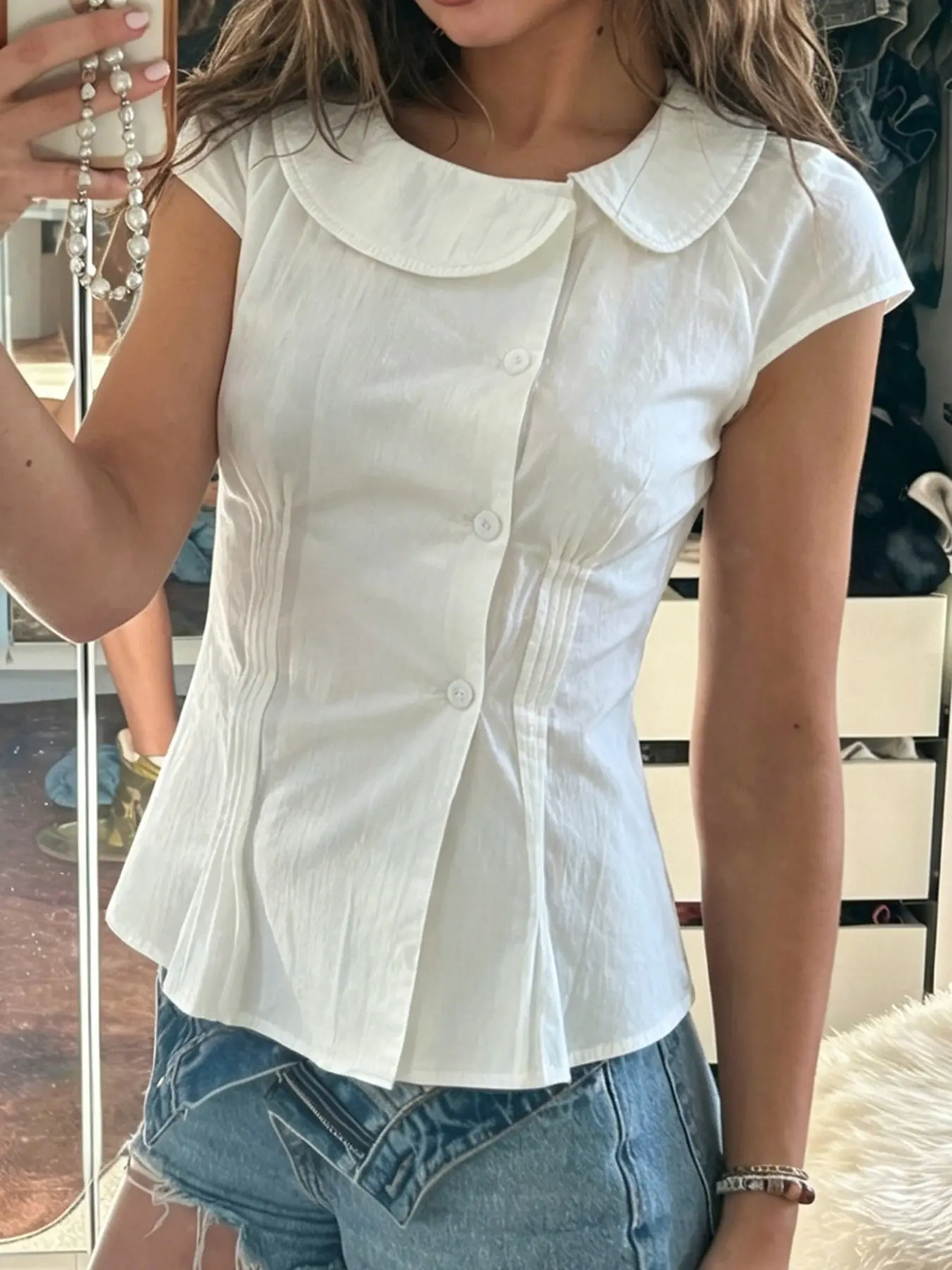 Asymmetric Neck Button Shirt Blouse, Cute Waist Cinched Wrinkle Y2K College Style Casual Elegant Classy Retro Short Sleeve Summer Top for Women
