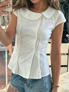 Asymmetric Neck Button Shirt Blouse, Cute Waist Cinched Wrinkle Y2K College Style Casual Retro Short Sleeve Summer Top for Women