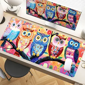 Desk Pad Colorful Folk Art Owl Pattern Golden Desk Pad Gaming Mousepad XXL Mouse Pad For Laptop Desk Mouse Pad Extra Large With Non-Slip Rubber Base Stitched Edges Surface For PC Gamers Office Workers & Home Use Holiday Gift Idea
