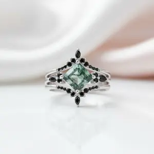 Moss Agate and Black Diamond Options Wedding Ring Set