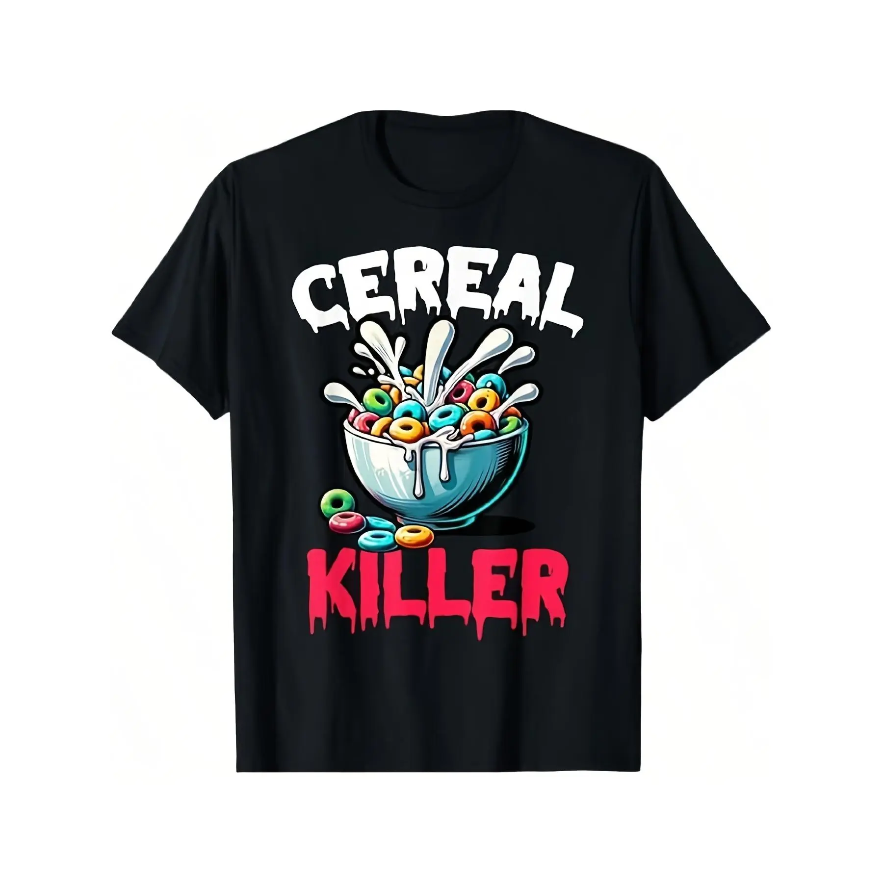 Men's Black Cotton Casual Short-Sleeve Graphic T-Shirt - Menswear Top with Fun Cereal Killer Print, Cereal Bowl Murder Scene Design, for Comic Conventions & Everyday Wear
