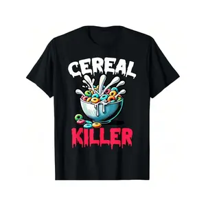 Men's Black Cotton Short-Sleeve Round Neck T-Shirt - Menswear Top with Fun Cereal Killer Print, Cereal Bowl Murder Scene Design, for Comic Conventions & Everyday Wear