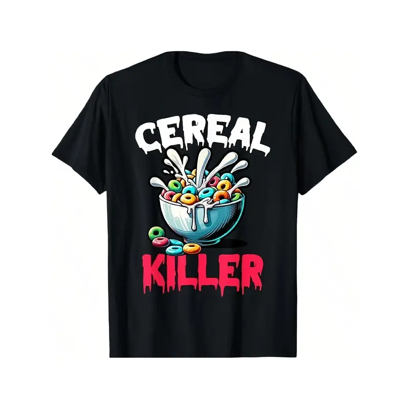 Men's Black Cotton Casual Short-Sleeve Graphic T-Shirt - Menswear Top with Fun Cereal Killer Print, Cereal Bowl Murder Scene Design, for Comic Conventions & Everyday Wear
