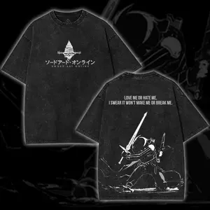Sword Art Online SAO Kirito The Black Swordsman Japanese Retro Vintage Unisex Oversized Anime Graphic Tee – Trendy Y2K Acid Washed Double Printed Cotton T-Shirt, Streetwear Casual Apparel Top, Outfits for Men, Manga Game Movie Lover Gift For Fans Merch